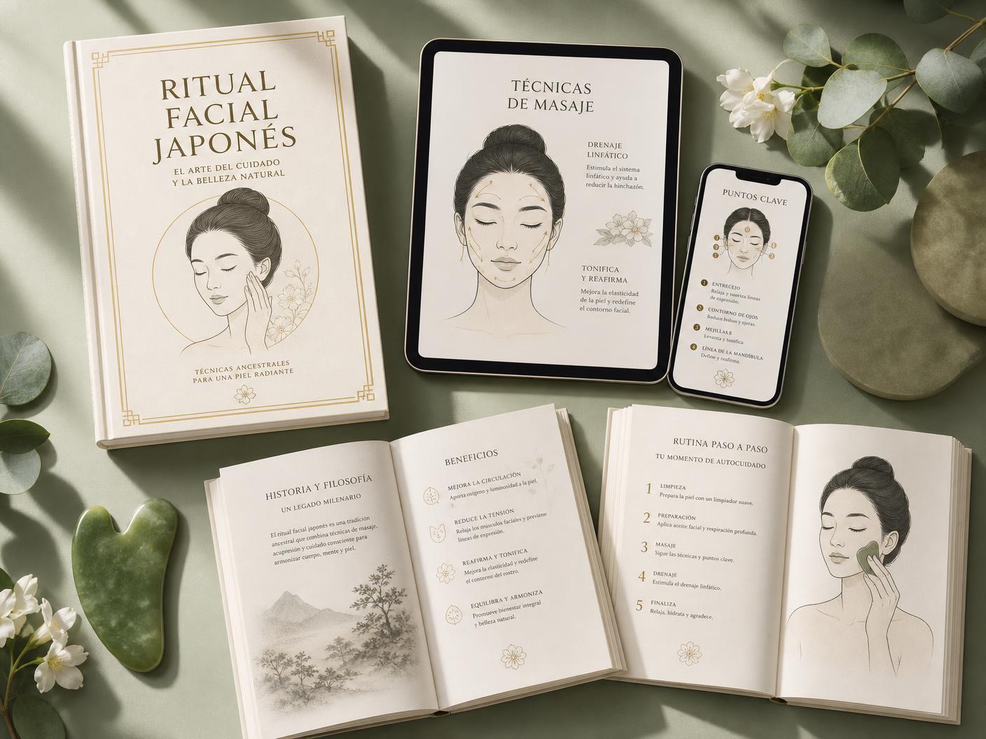 Colección 25 Técnicas Visuales del Ritual Facial Japonés en tablet, celular y páginas impresas