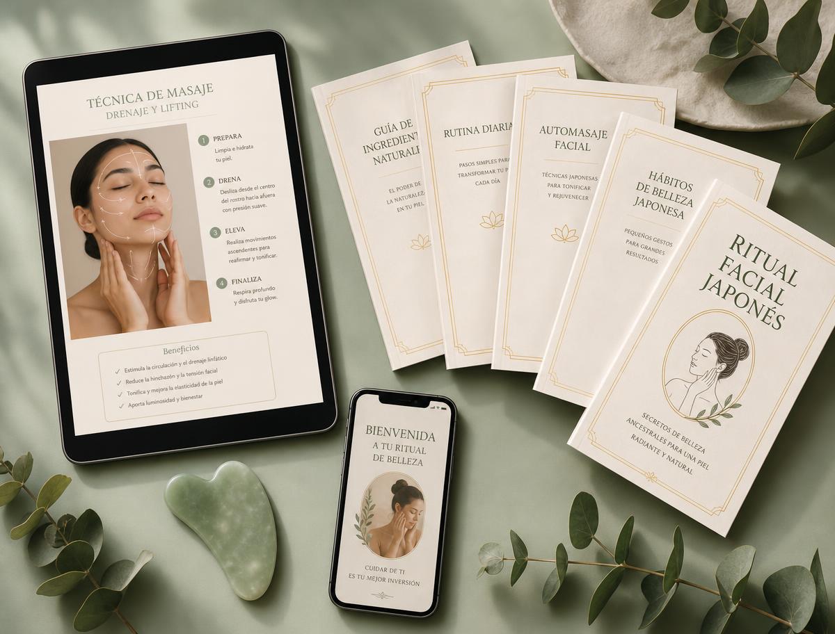 Colección completa: guía visual del ritual facial japonés, mapa del rostro, guía de presión, rituales listos y bonos